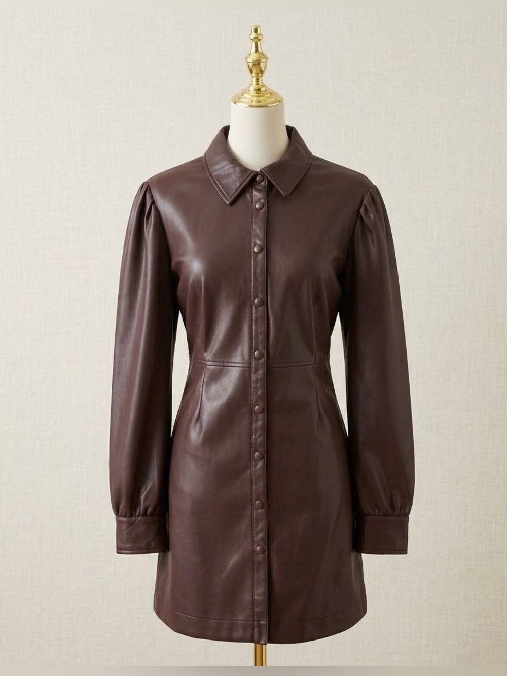 ⁠7 For All Mankind Brown Faux Leather Snap Front Puff Sleeve Dress L⁠